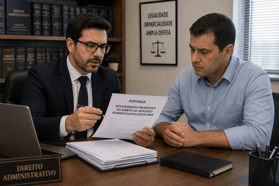 Servidor público afastado preventivamente em PAD analisando portaria com advogado — Marinho Marques Advogados, Belo Horizonte