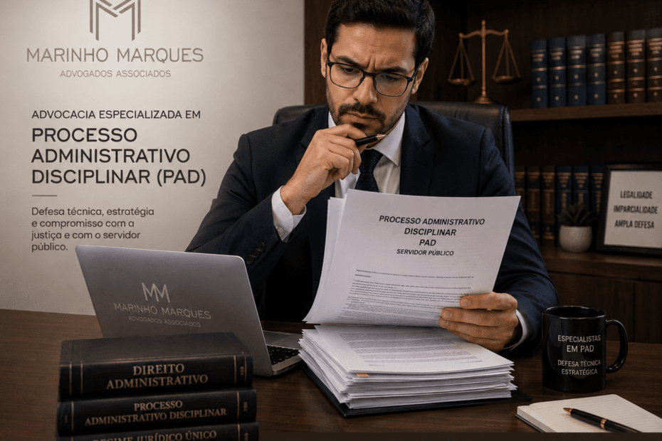 Advogado especializado em PAD analisando processo administrativo disciplinar de servidor público — Marinho Marques Advogados, Belo Horizonte