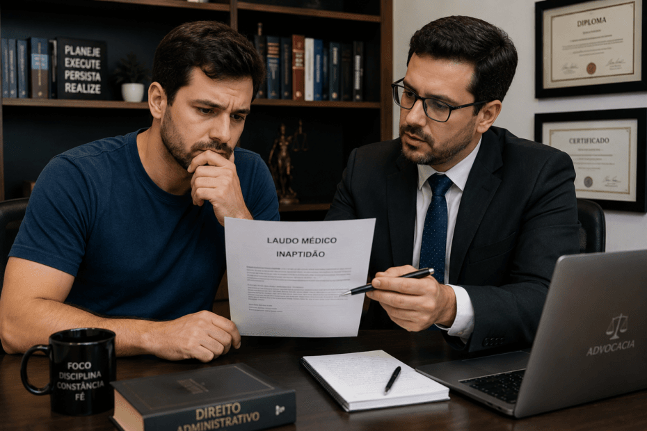 Candidato aprovado em concurso público analisando laudo médico de inaptidão com advogado — Marinho Marques Advogados, Belo Horizonte