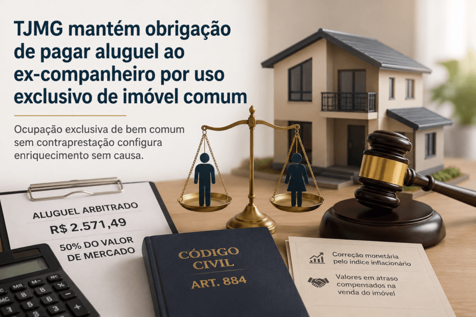 TJMG mantém obrigação de ex-companheira pagar aluguel ao ex-companheiro por uso exclusivo de imóvel comum. Decisão reconhece enriquecimento sem causa e fixa indenização proporcional ao coproprietário.